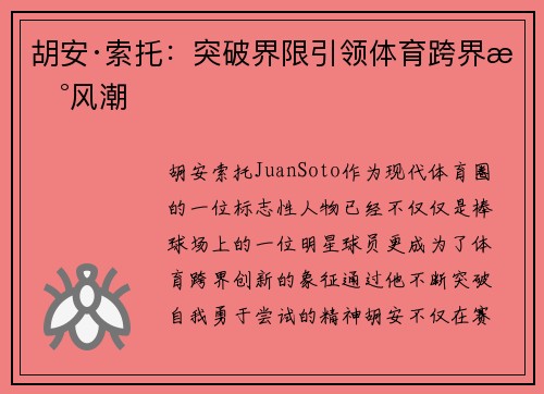 胡安·索托：突破界限引领体育跨界新风潮