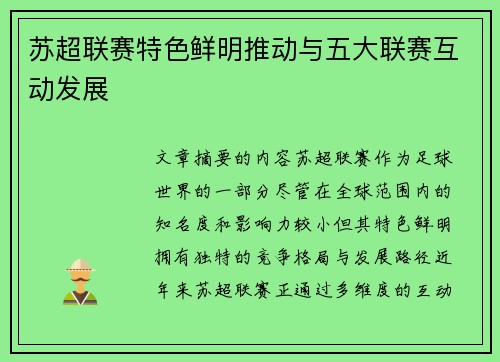 苏超联赛特色鲜明推动与五大联赛互动发展